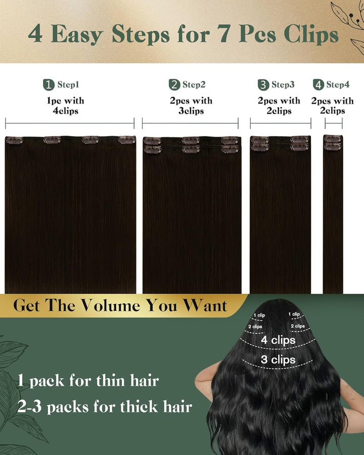 Ugeat Braun Clip in Extensions Echthaar Einzelne 55cm Haar Extensions Echthaar Clip Dunkelbraun Farb