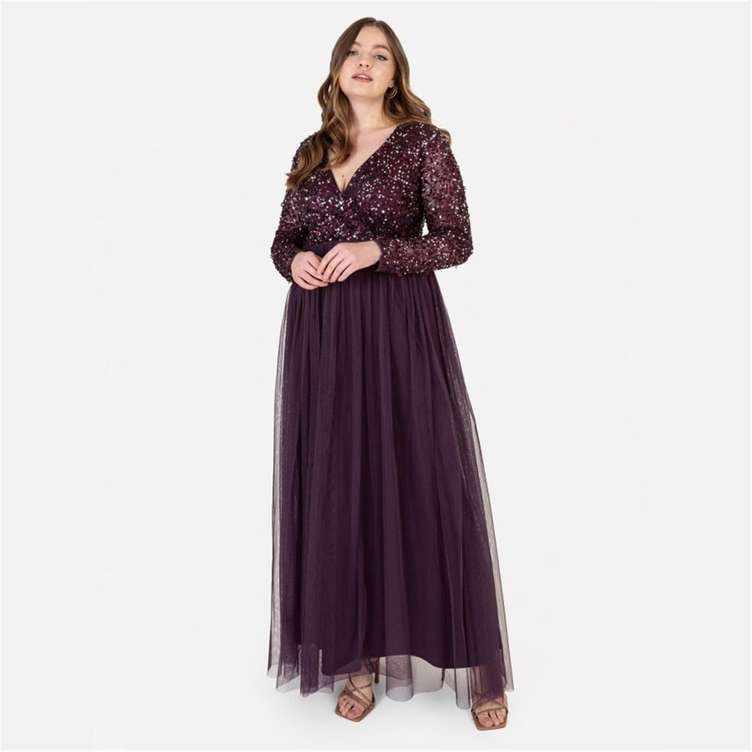 Maya Deluxe Damen Ladies Maxi Dress Women with Long Sleeves V Neckline Plunging Sequin Embellished f
