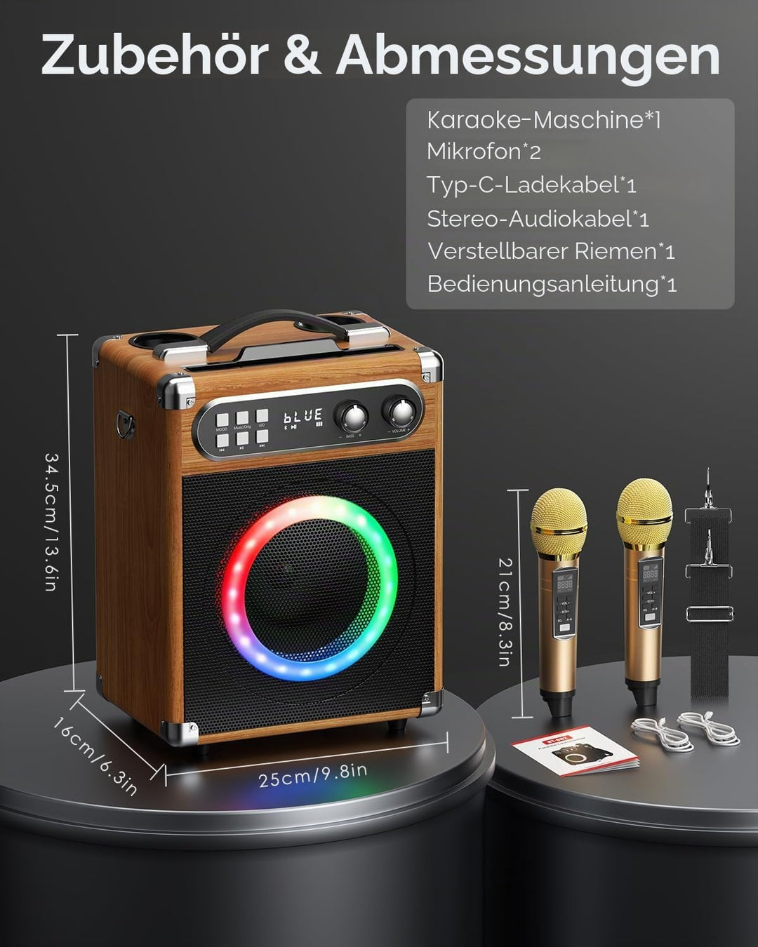 Trsaow Karaoke-Maschine, tragbar, professionell, mit 2 kabellosen UHF-Mikrofonen, PA-System mit DJ-L