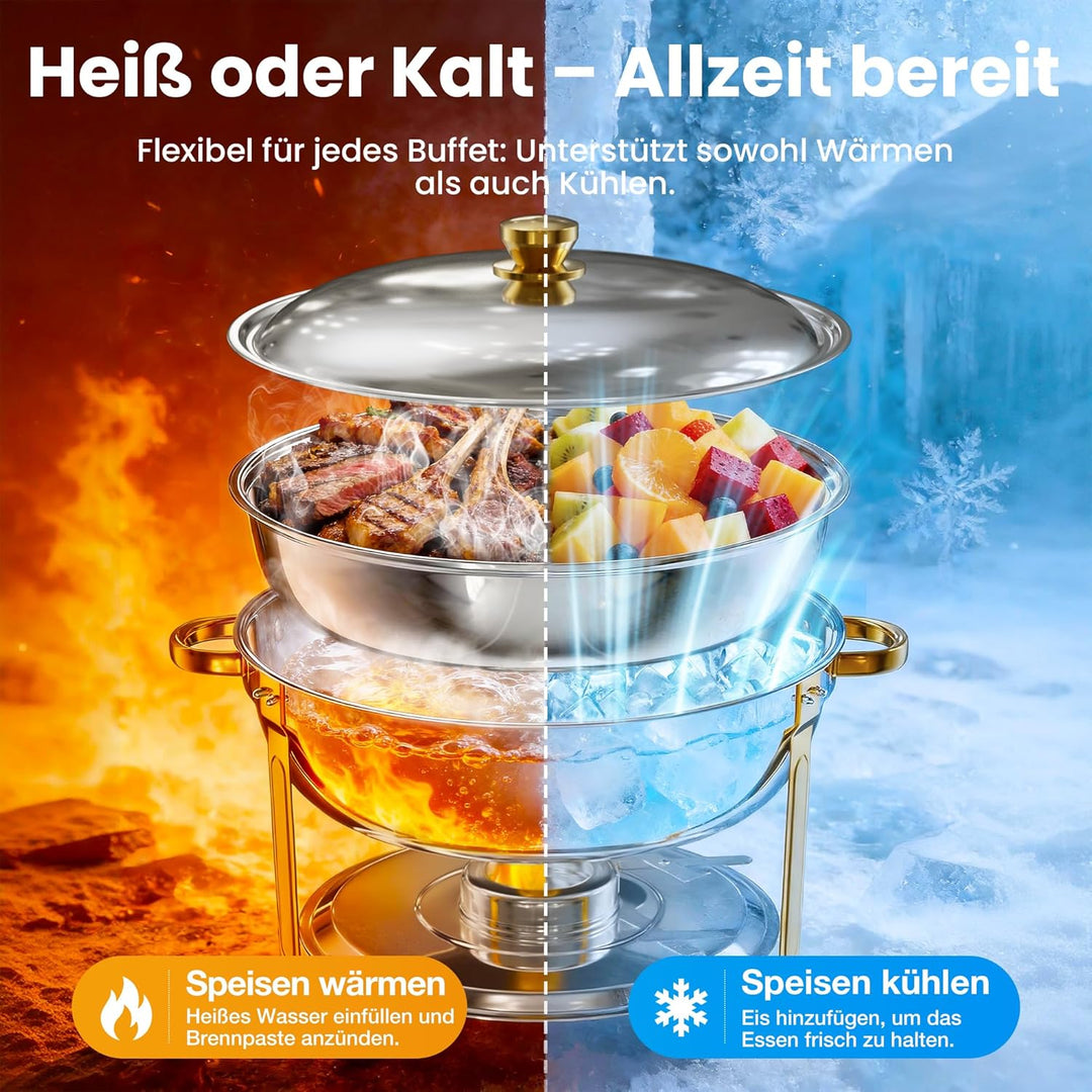 WARMOUNTS Chafing Dish 4er Set 7,5L, Speisenwärmer Buffet Rund Edelstahl mit Gold-Akzenten & Deckelh