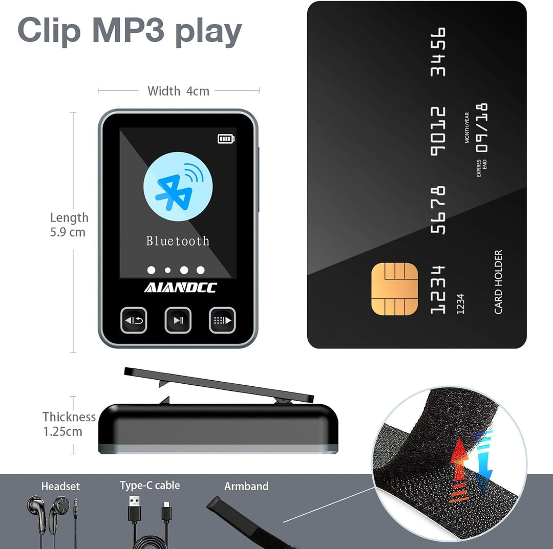 MP3 Player Bluetooth 5.3 mit Sport Clip und Sportarmband, mp3-player mit 1,77 Zoll TFT Farbbildschir