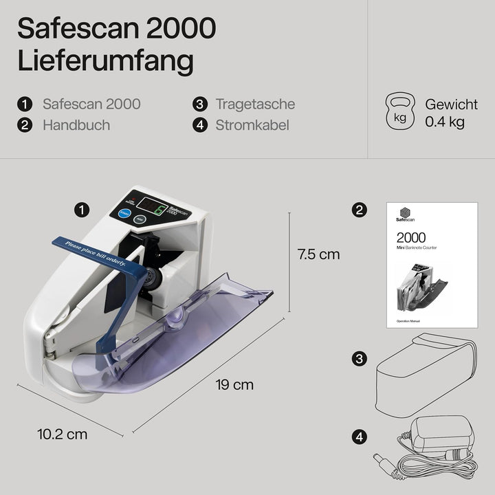 Safescan 2000 Tragbare Geldzählmaschine, zählt sortiert Geldscheine - Banknotenzähler für unterwegs