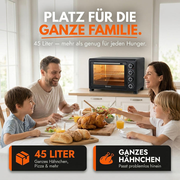 Sommertal Minibackofen 45L | 2000W, Drehspiess, Umluft, 100-230°C, 60min | Hähnchengrill, Konvektion