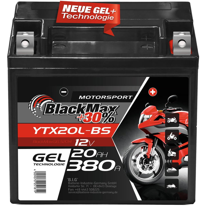 BlackMax YTX20L-BS Motorradbatterie GEL 12V 20Ah GTX20L-BS CTX20L-BS Outlander 20Ah - 340A - YTX20L-