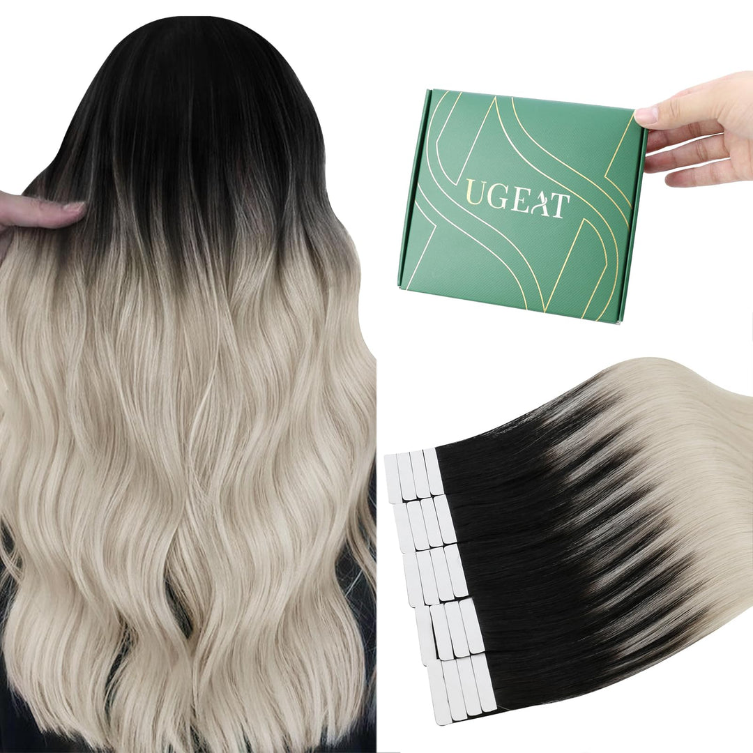 Ugeat Echthaar Extensions Tape Balayage Schwarz mit Aschblond bis Platinblond 35cm 20Stücke Haarverl