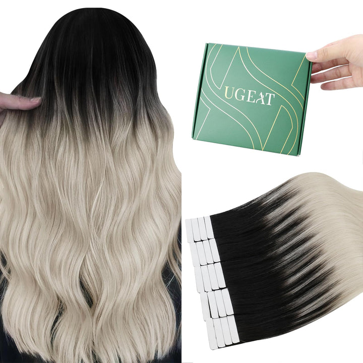 Ugeat Tape Extensions Echthaar Platinblond Ombre 40 cm Ombre Echthaar Extensions Tape Naturschwarz O