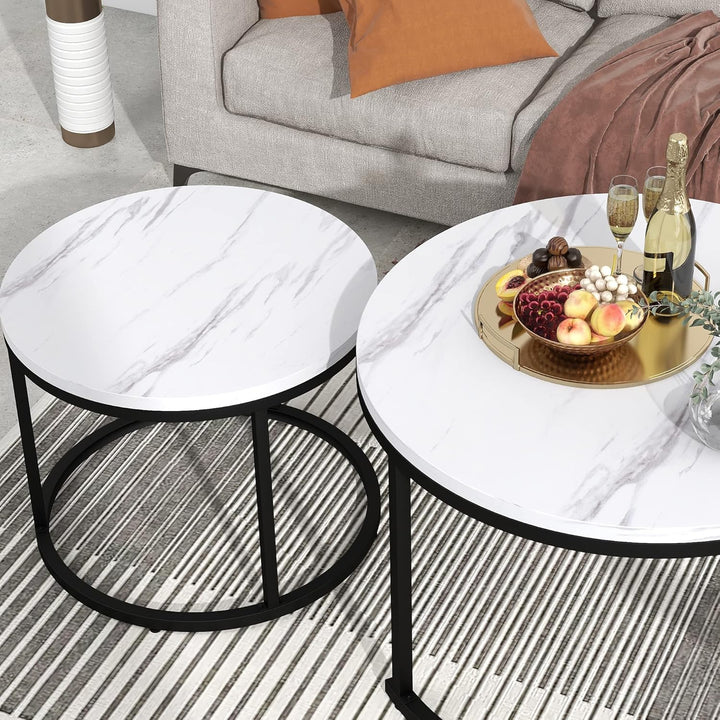 Merax Rund Couchtisch Set, 2-in-1 Nesting Couchtisch Satztisch, mit Marmormuster, Metallgestell, für