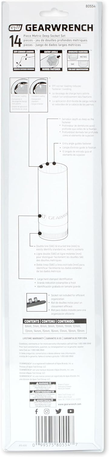 GEARWRENCH 80554 Steckschlüsselsatz, 9,5 mm (3/8 Zoll), 6-teilig, tief, metrisch, 14-teilig