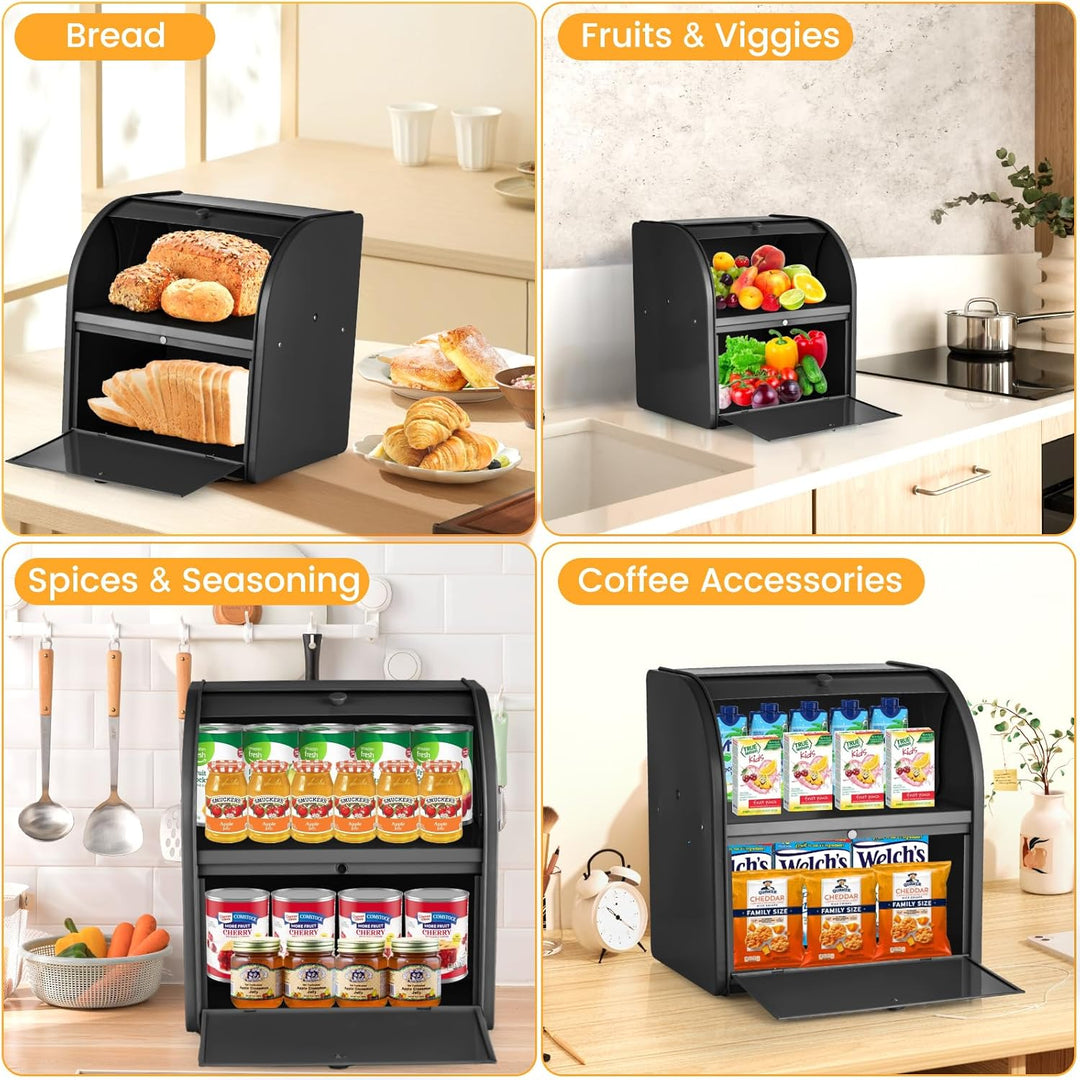 Brotbox aus Metall für Küchenarbeitsplatte, Doppelschicht, Roll-Top-Brotaufbewahrungsbehälter, Leben