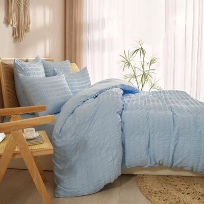 Luofanfei Seersucker Bettwäsche 220x240 Blau Hellblau Sommer Uni Einfarbig Wende Bettwäsche Set Micr
