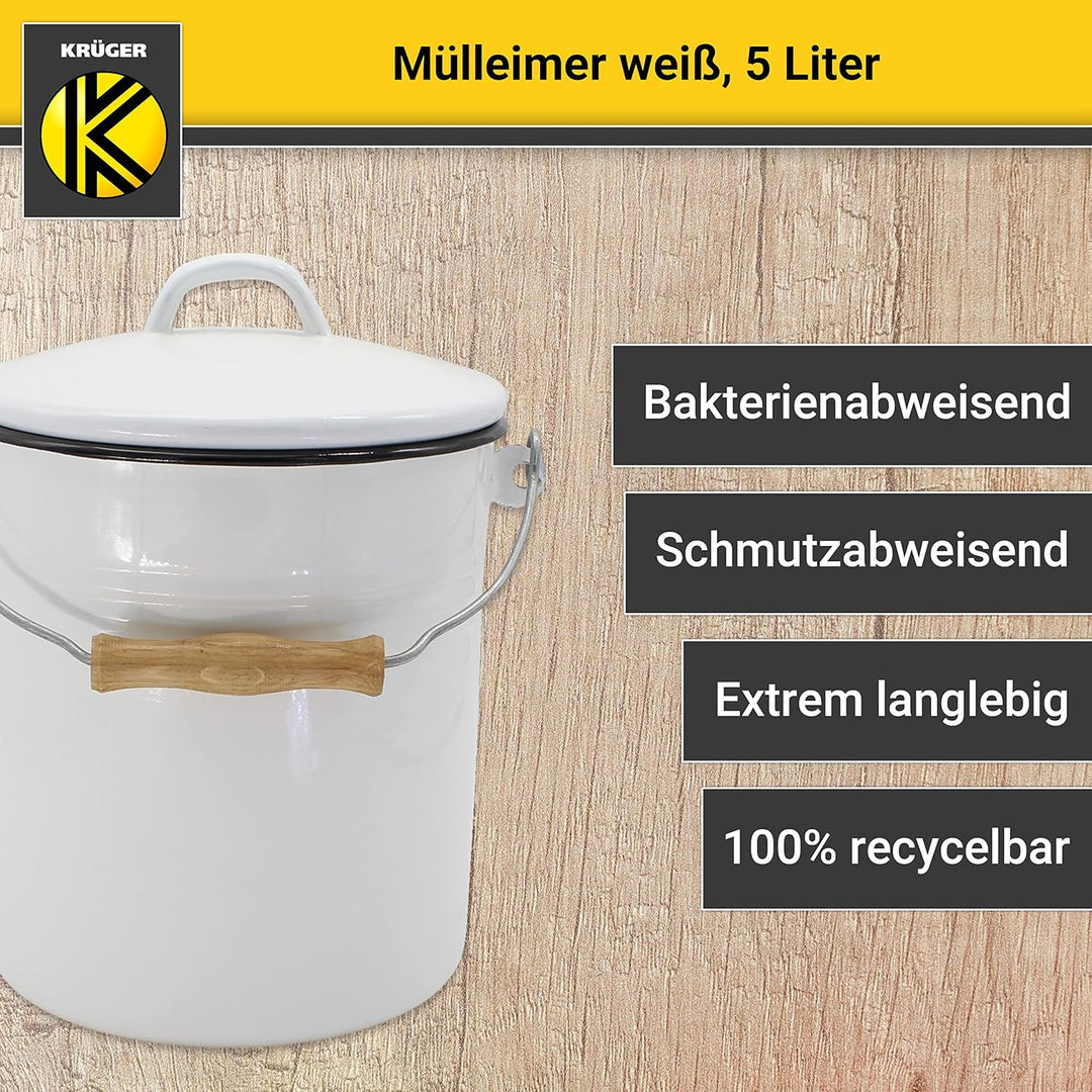 KRÜGER Mülleimer mit Deckel - Stahl Abfalleimer mit Emaille-Beschichtung und Holzgriff - schnitt- un