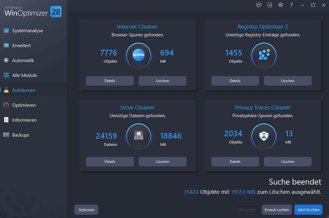 WinOptimizer 27 - 3 USER Lizenz - Tuning für Windows 11 10 7 - unbegrenzte Laufzeit - Sicher, Sauber