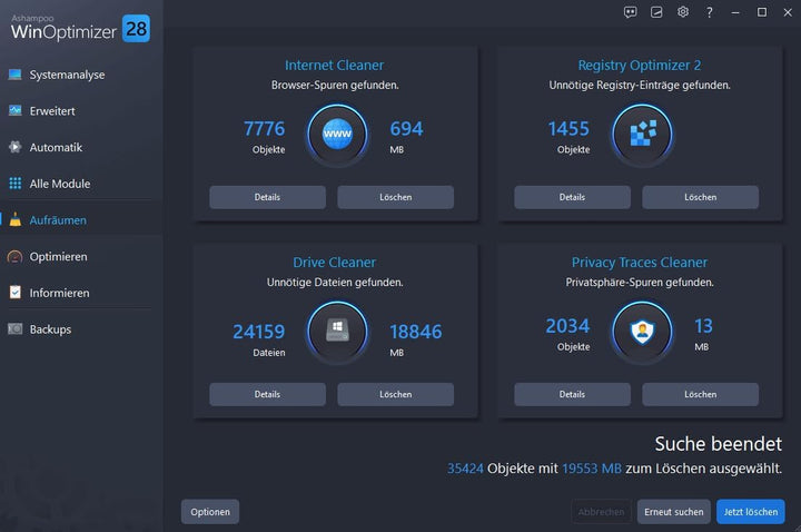WinOptimizer 27 - 3 USER Lizenz - Tuning für Windows 11 10 7 - unbegrenzte Laufzeit - Sicher, Sauber