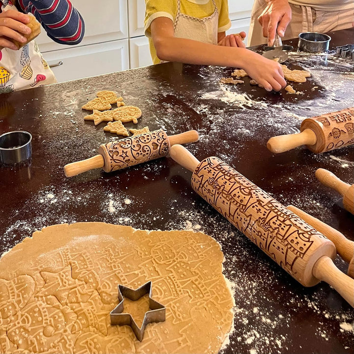 Weihnachtsspass Kinder Nudelholz mit Muster Weihnachten Backen 3-er SET - Teigroller Holz für DIY We
