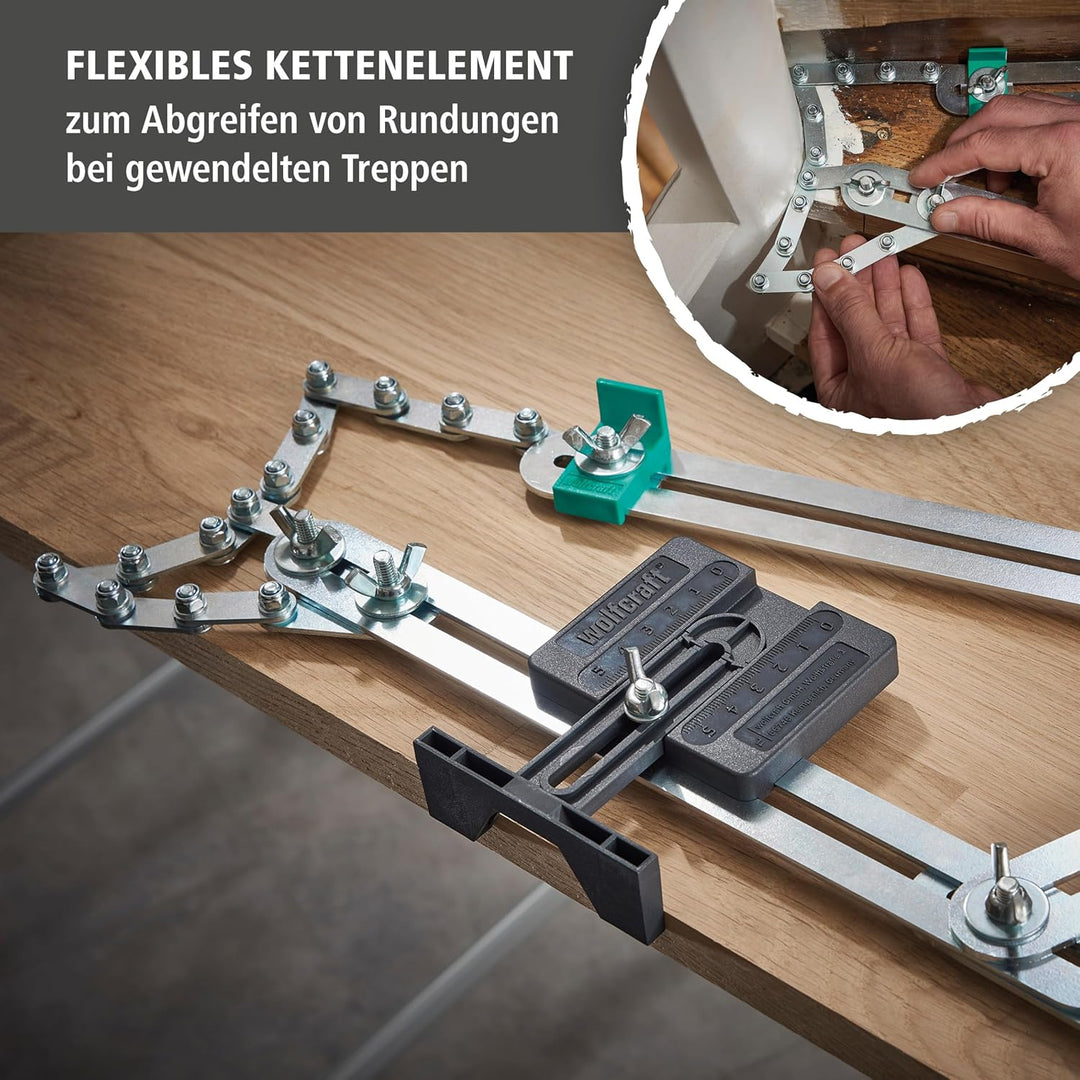 wolfcraft Treppenlehre 5210000 – Messwerkzeug für den Treppenbau – Treppenschablone zum Übertragen v