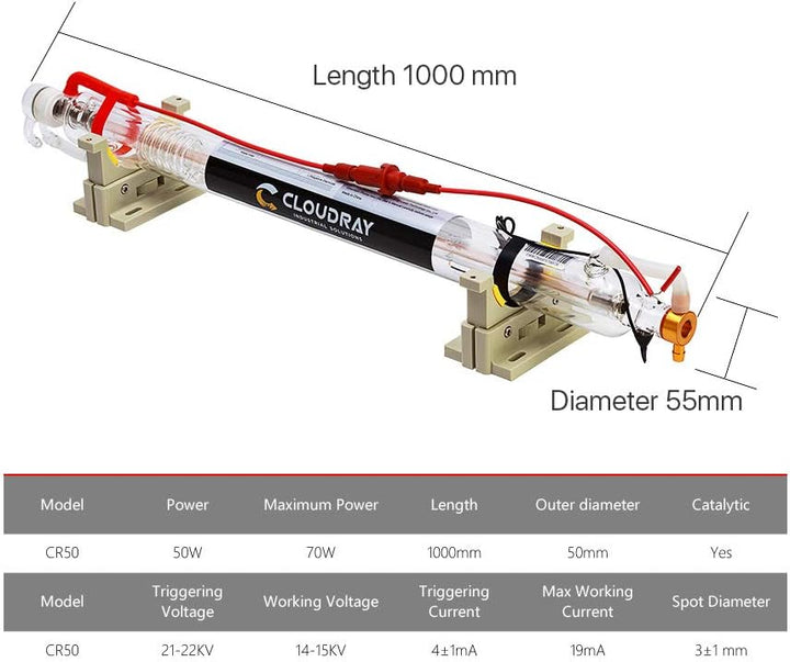 Cloudray CO2 Laser Tube Laserröhre 50W 60W 70W CO2 Glasröhre 1000mm Länge & 50mm DM für CO2 Lasergra
