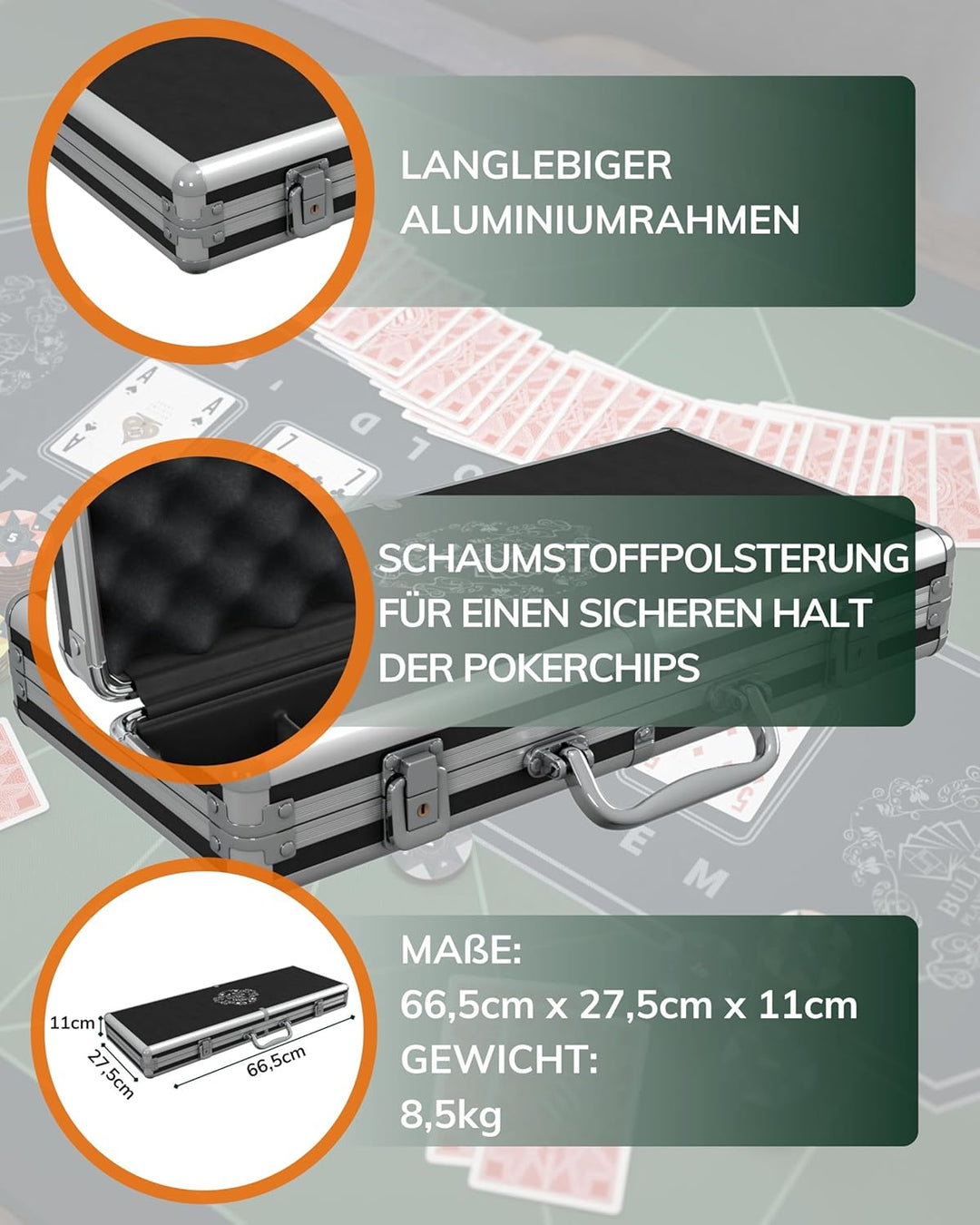 Bullets Playing Cards | Pokerkoffer „Carmela“ mit 500 Clay Pokerchips 14g | Pokerset mit Karten, Wür