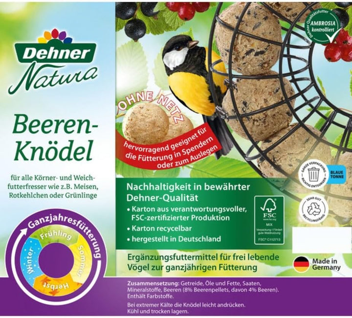 Dehner Natura Premium Meisenknödel ohne Netz, Beerenknödel, ganzjähriges Wildvogelfutter proteinreic