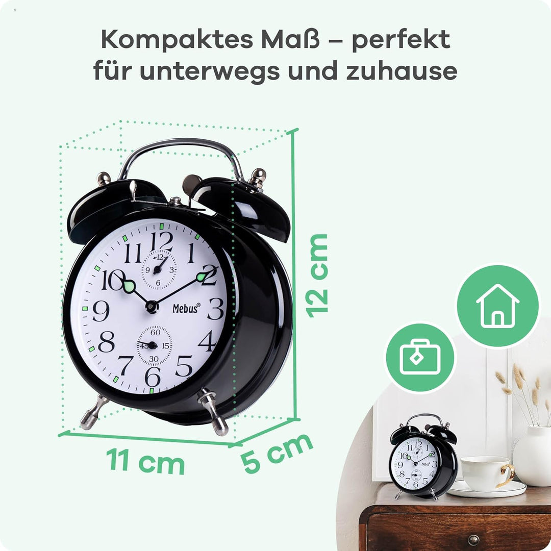 Mebus Mechanischer Aufzugswecker mit klassisches Glocken-Läutwerk, Leuchtzeigern – mehr Retro geht n