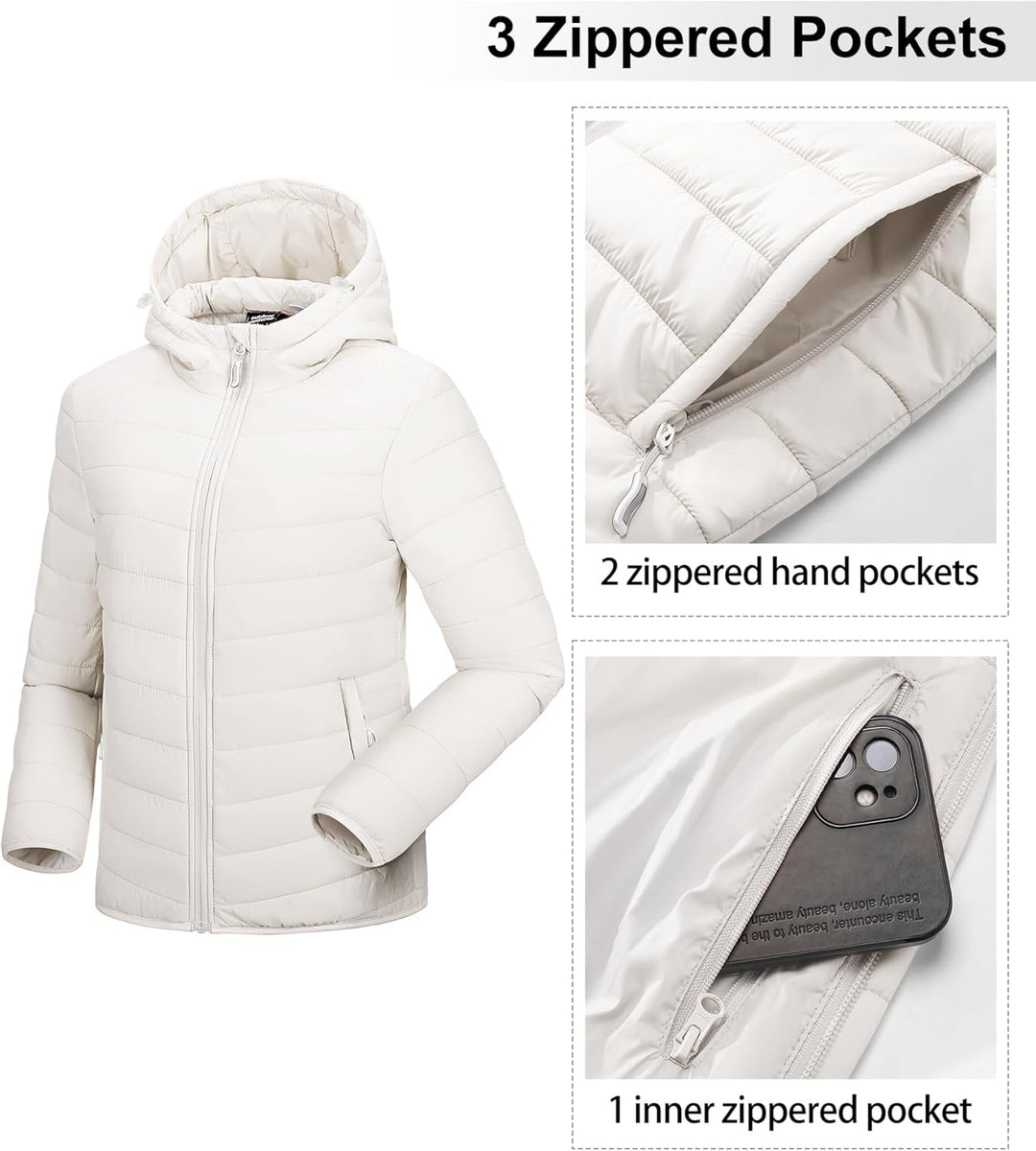 Outdoor Ventures Damen Steppjacke Leichte Packbare Übergangsjacke Warme Winterjacke mit Kapuze für F