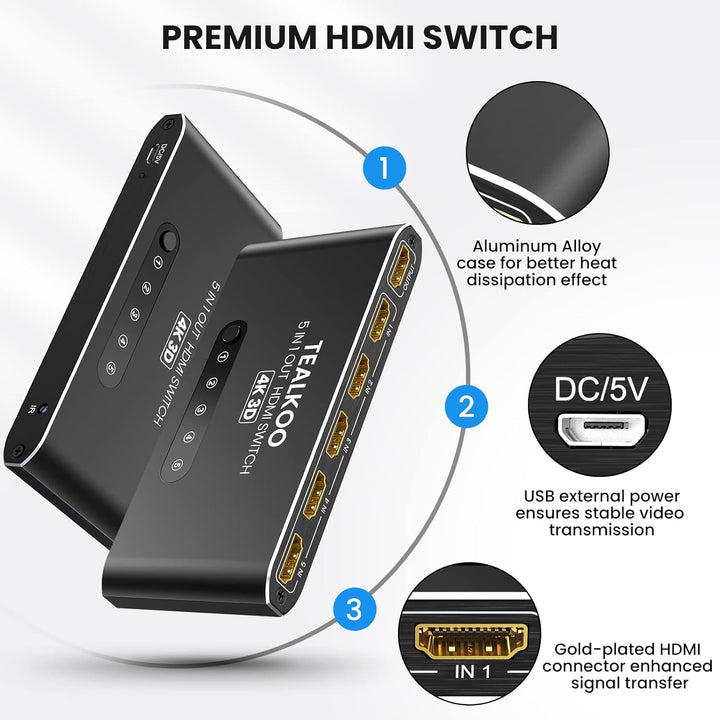 HDMI Splitter HDMI Switch, 4K Aliminium HDMI Switch 5 In 1 Out Automatisch HDMI Switcher mit Fernbed
