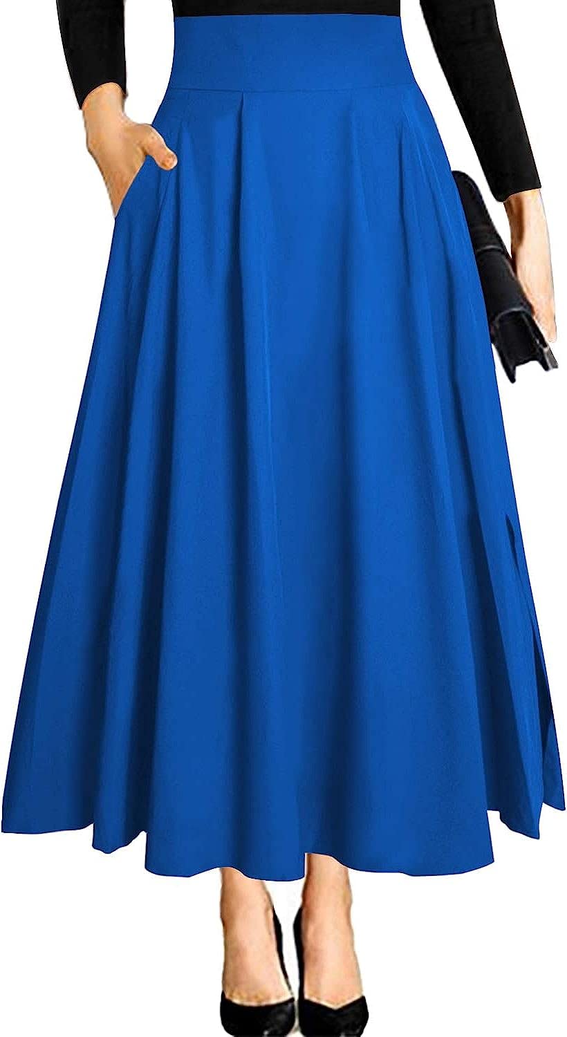 Damen High Waist Maxirock Taschen mit Seitenschlitz Langer A-Linie Rock S 0 Hellblau, M