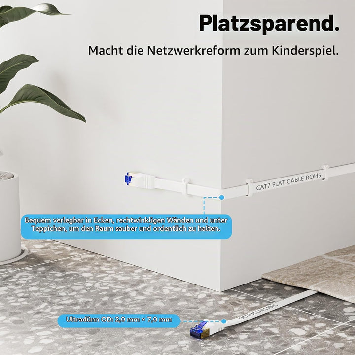 Cat 7 Flach Netzwerkkabel Weiss(20Meter),Hochgeschwindigkeits Lan Kabel,Gigabit Ethernet Kabel Mit S