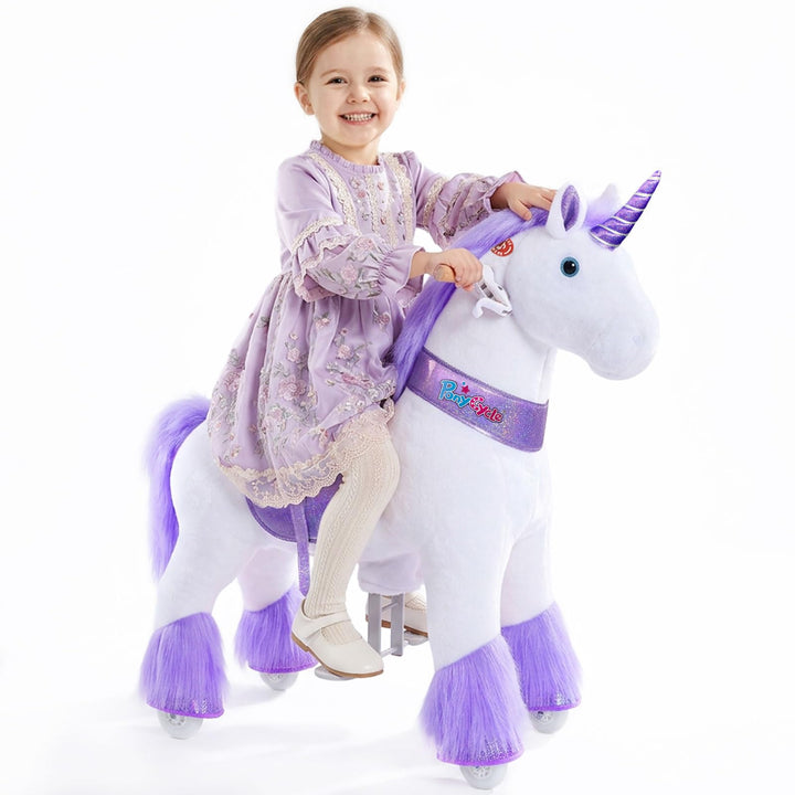 PonyCycle Einhorn mit Rollen für Kinder 4–7 Jahre, 90cm Hoch, Lila Plüsch Reitpferd auf Rollen mit H