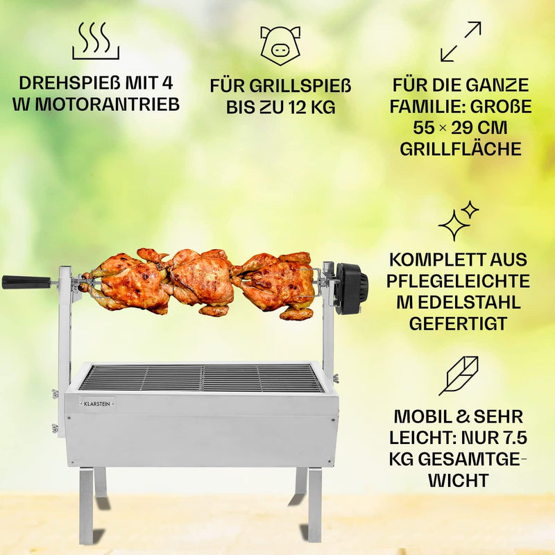 Klarstein 2-in-1 Rotisserie Grill mit Motor, Mini, mit Drehspiess, Elektrischer Spiessgrill für Hähn