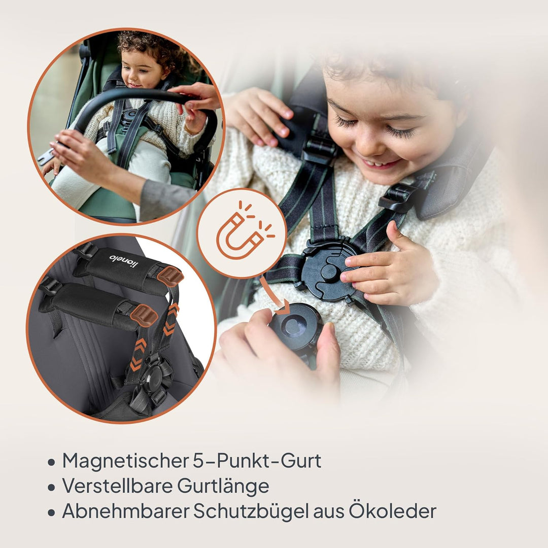 Lionelo Buggy Bess bis 22 kg von 6 Monaten bis 4 Jahren 360°-PU-Schwenkräder, Einhand-Klappfunktion,