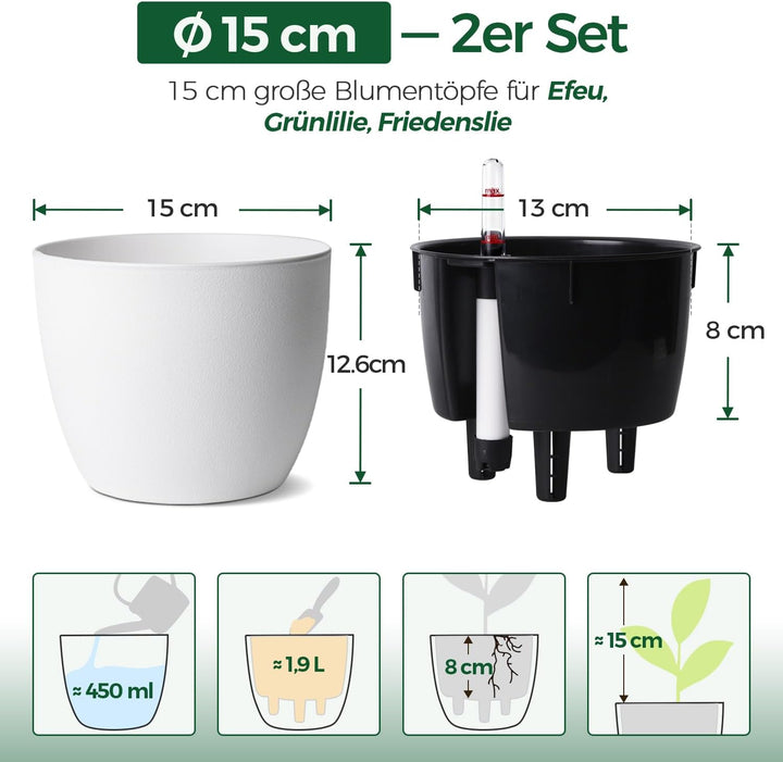 T4U 2Pcs 15cm Selbstbewässerungstopf mit Wasseranzeiger, Praktischer Blumentopf für vielbeschäftigte