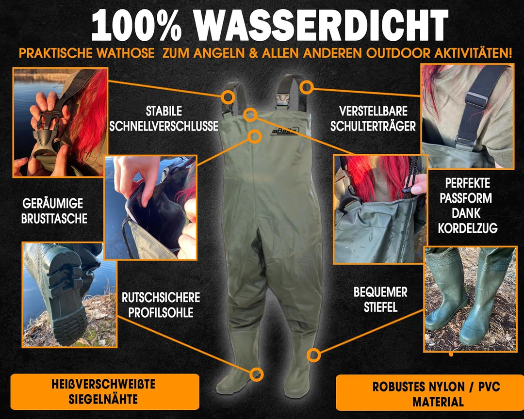 Magic Baits Wathose Wader Watstiefel Watbekleidung PVC Nylon Wasserdicht Anglerhose 45 olive grün, 4