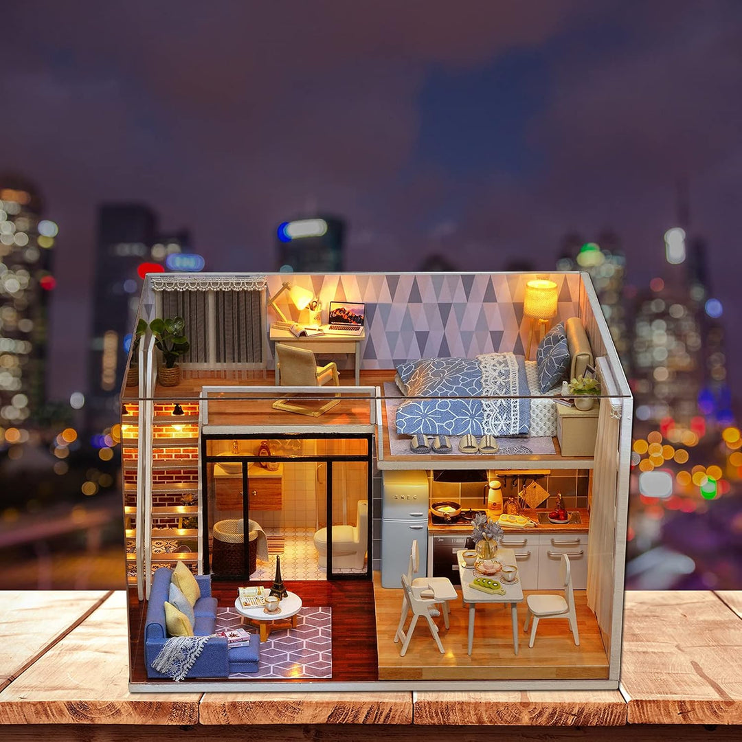 CUTEROOM DIY Miniatur Puppenhaus mit Möbeln,DIY hölzernes Schaalmodel-Kit mit Musik-Bewegung und LED