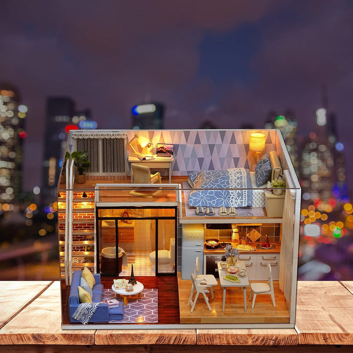 CUTEROOM DIY Miniatur Puppenhaus mit Möbeln,DIY hölzernes Schaalmodel-Kit mit Musik-Bewegung und LED