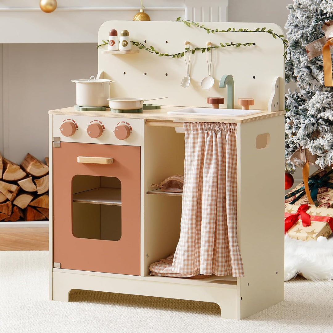 ROBOTIME Kinder-Holzküche in Rosa Creme, inklusive Schürze, Handschuh, Ofen und Wasserhahn, mit Vorh