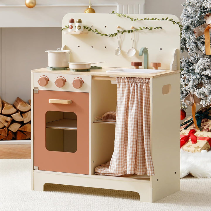 ROBOTIME Kinder-Holzküche in Rosa Creme, inklusive Schürze, Handschuh, Ofen und Wasserhahn, mit Vorh