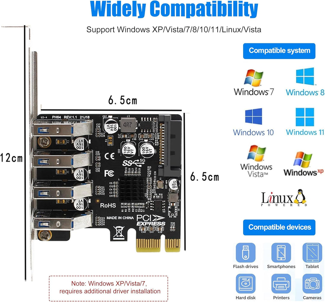 Interne 4-Port PCIe USB-Erweiterungskarte, USB 3.2 Gen 1 (5 Gbit/s), interner Hub-Adapter-Controller