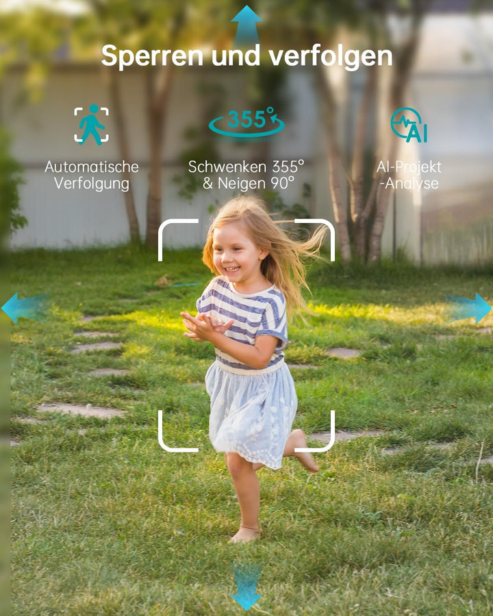 ZUMIMALL 2.5K Überwachungskamera Aussen mit Auto-Tracking, 24/7 Aufnahme | 355°/90° PTZ, Kabelgebund