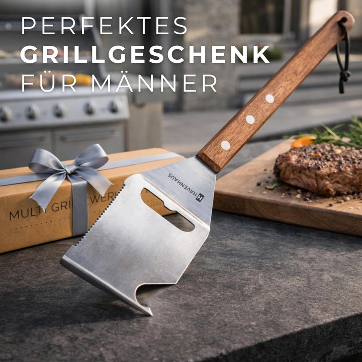 Multi Tool Grillspachtel | 8 in 1 Grillwerkzeug | Der Alleskönner auf dem Grill mit elegantem Akazie