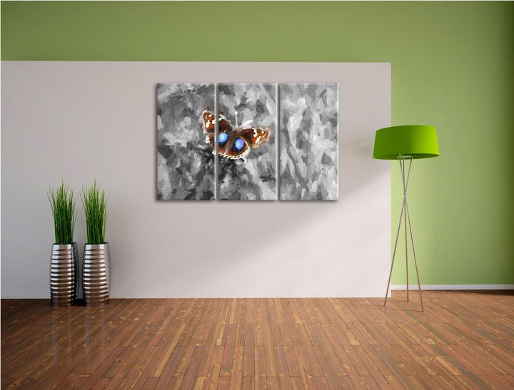 süsser Schmetterling auf Grashalm schwarz/weiss Deluxe 3-Teiler Leinwandbild 120x80 Bild auf Leinwan