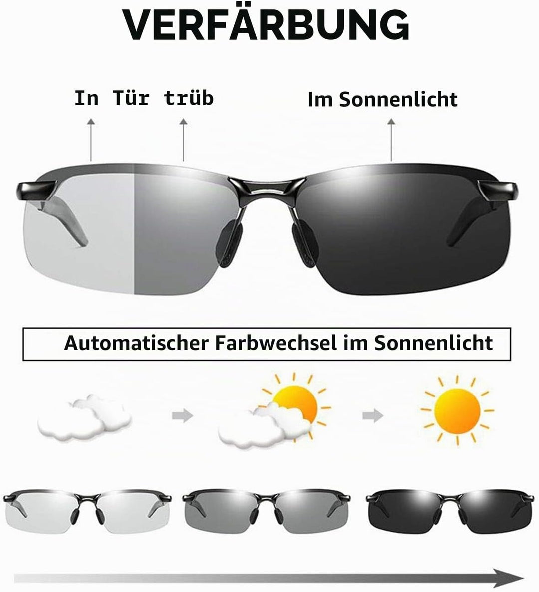 MIRYEA Herren Photochromatisch Sportbrille Polarisiert Sonnenbrille UVA UVB Brillen 3043-schwarz, 30