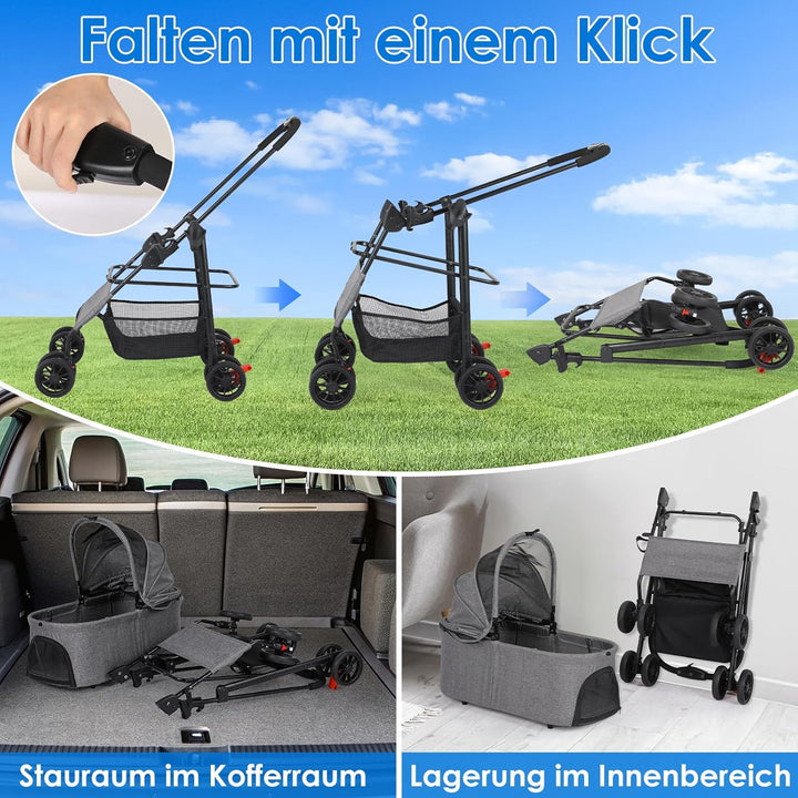MAMIZO Hundewagen 3 in1,Hundebuggy Bis 30kg,4 Paar 360°Doppelräder,Hunde Wagen mit einer Umhängetasc