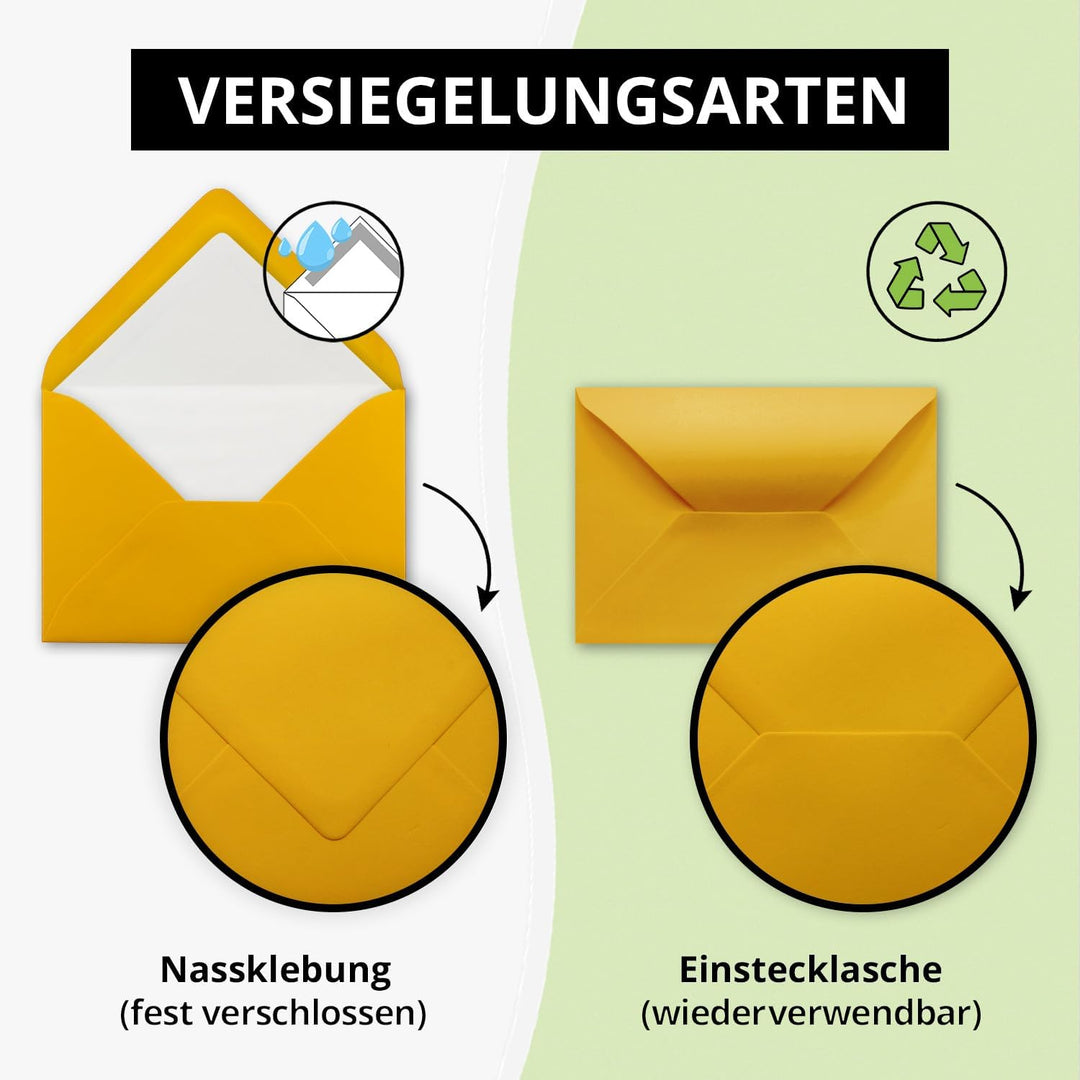 200 Briefumschläge Goldgelb (Gelb, Matt) - DIN C6 - gefüttert mit weissem Seidenpapier - 100 g/m² -