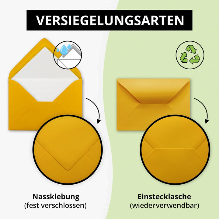 200 Briefumschläge Goldgelb (Gelb, Matt) - DIN C6 - gefüttert mit weissem Seidenpapier - 100 g/m² -