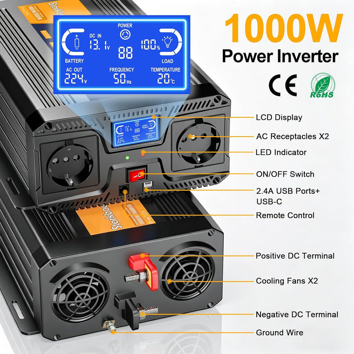 Spannungswandler 1000W/2000W Reiner Sinus Wechselrichter 12v auf 230v KFZ Konverter mit LCD, Fernbed