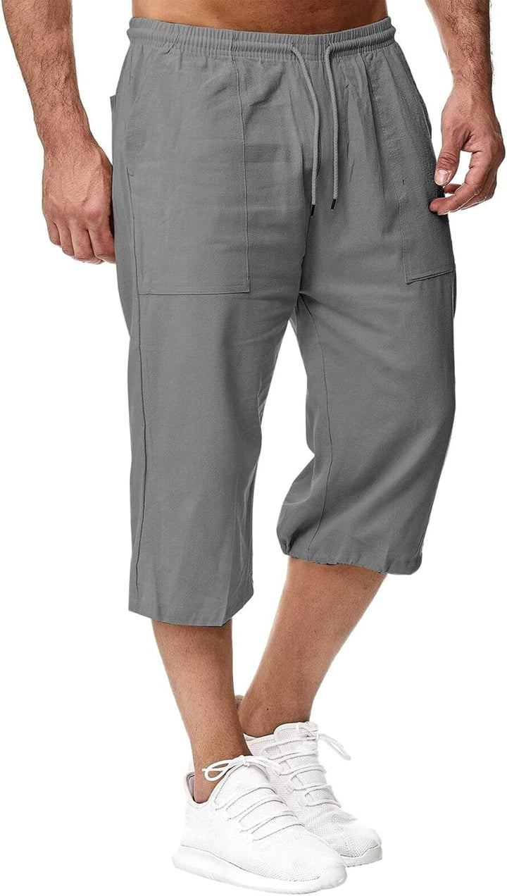 Remxi Herren-Shorts, 3/4-Leinen-Shorts, lockere Passform, Sommer, lässige Cargohose M Grau, M Grau