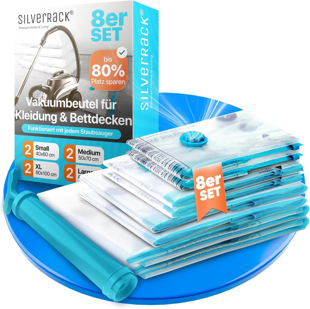 XL Jumbo Vakuumbeutel für Kleidung u. Bettdecken [8 Stück] - INKL. HANDPUMPE u. ETIKETTEN in (2x 40x