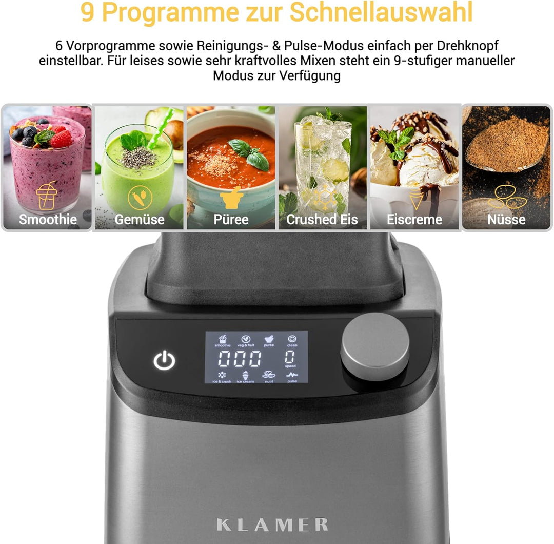 KLAMER Hochleistungsmixer, 1,75L Standmixer, kraftvolle 1800W, Smoothie Maker mit 28000 U/Min, 9 Pro