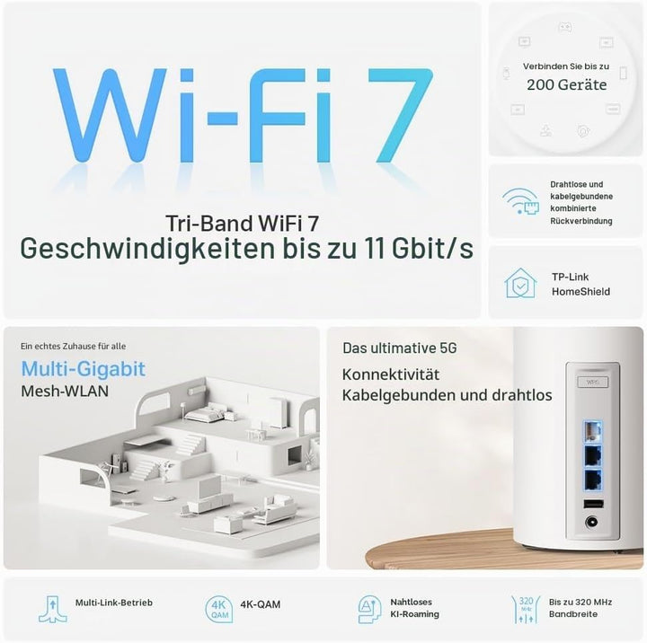 TP-Link Deco BE65 Pro Wi-Fi 7 Mesh WLAN Set(2er-Pack), Tri-Band BE9300 Router &amp; Repeater, 2 × 5G-Por