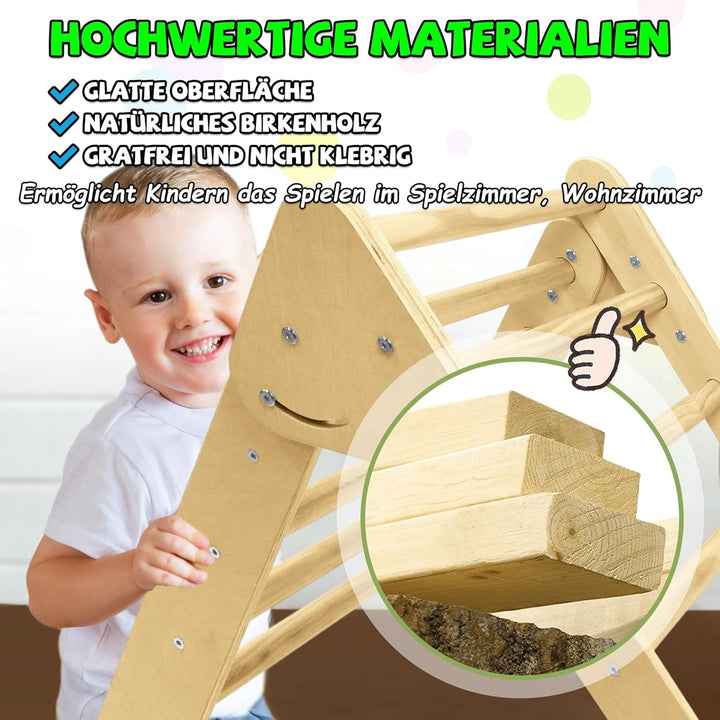 Froadp Klettergerüst Indoor 3-in-1 mit Rutsche und Kletterbogen Kletterdreieck aus Naturholz Klappba
